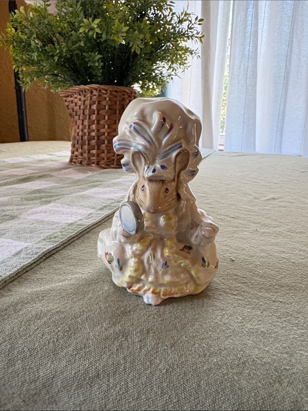 Iridescent Cream Ceramic Bunny Figurine with Pastel Accents